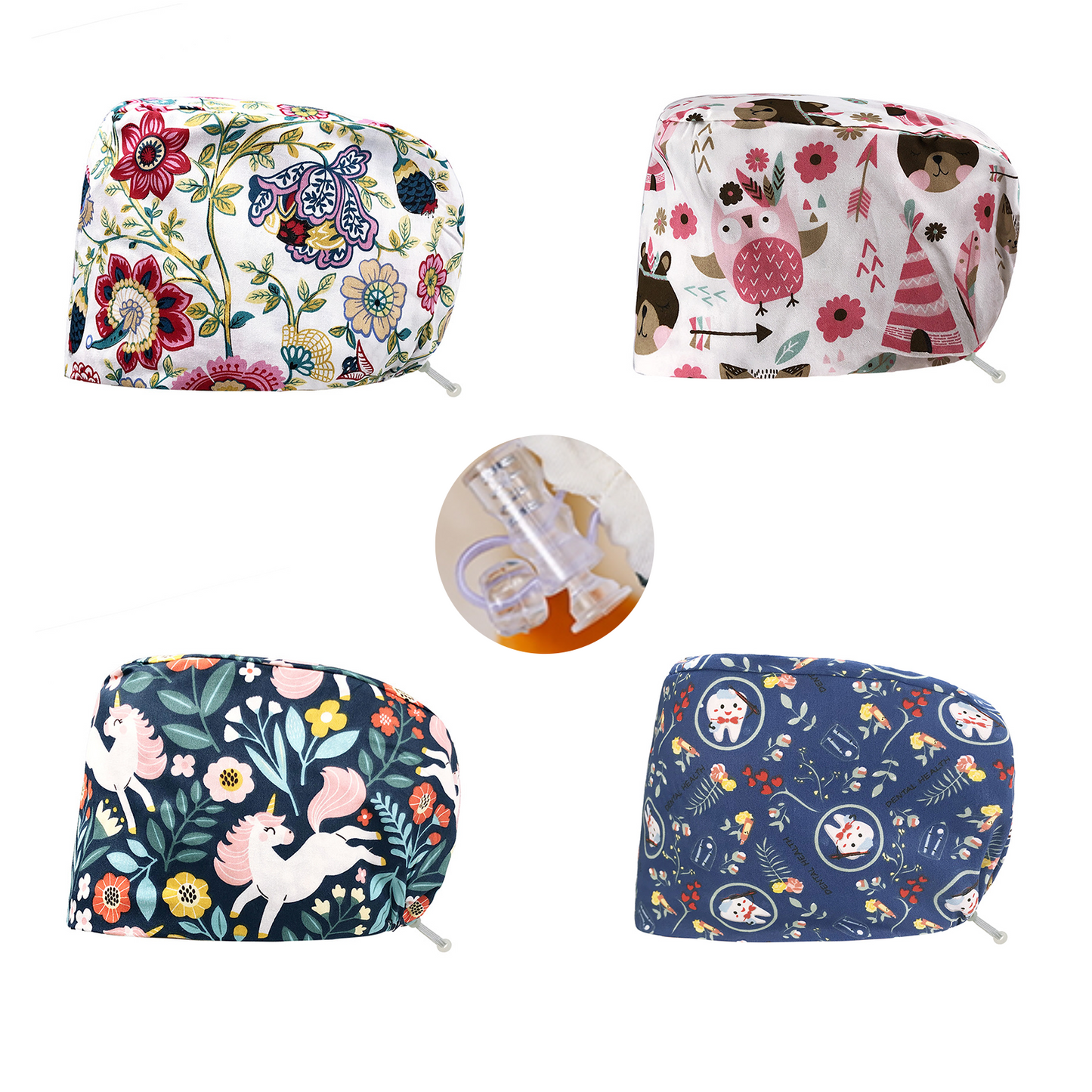 Scrub Caps, Adjustable Nurse Hats, Built-in Sweatband, 4-piece Set, Animal
