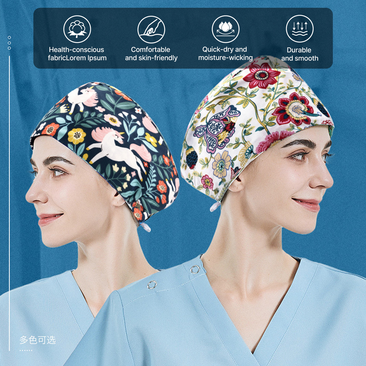 Scrub Caps, Adjustable Nurse Hats, Built-in Sweatband, 4-piece Set, Animal