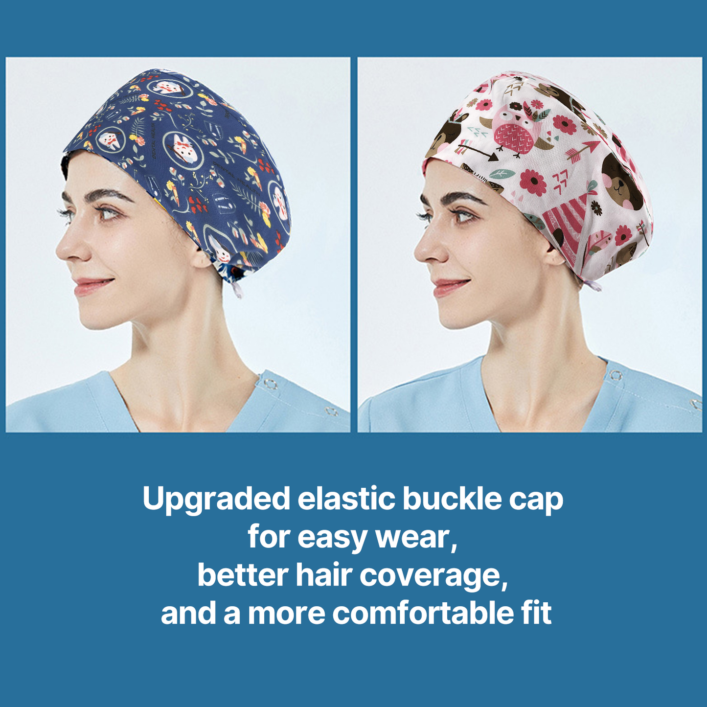 Scrub Caps, Adjustable Nurse Hats, Built-in Sweatband, 4-piece Set, Animal