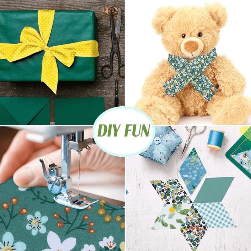 Jade Green Precut Fabric DIY Collage: Wrapped Gift, Teddy Scarf, Sewing, Patchwork. ‘DIY FUN’ in Center