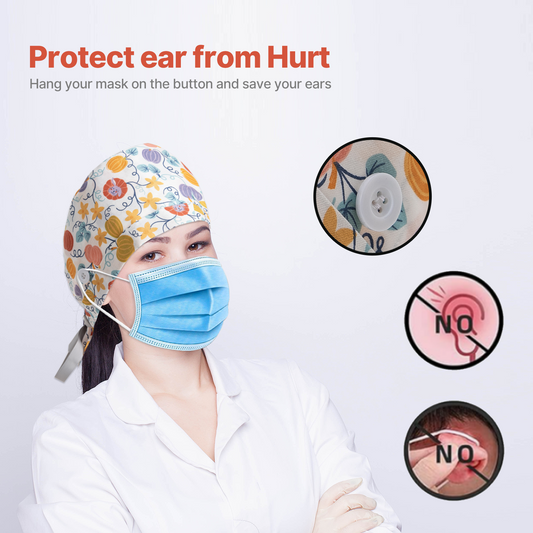 Scrub Caps Women Surgical Caps for Women Nurse Hat Ponytail Holder Working Cap with Buttons Adjustable Ribbon Tie,Long Hair - iMZOON