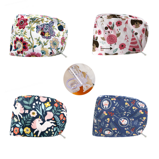 Scrub Caps, Adjustable Nurse Hats, Built-in Sweatband, 4-piece Set, Animal