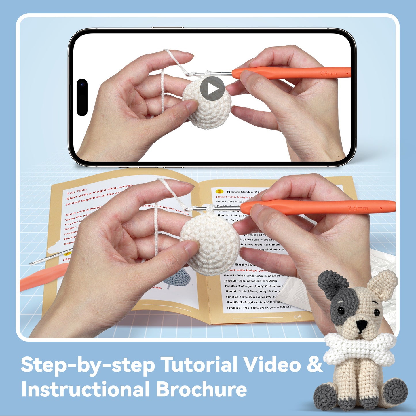 All-in-One Crochet Starter Kit, 2-French-Bulldog Set, Beginner-Friendly DIY