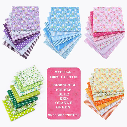 <50% Off> 9.8-Inch Cotton Fabric Squares, 35-piece set, in 5 colorful series, Yellow/Green/Blue/Pink/Purple - iMZOON