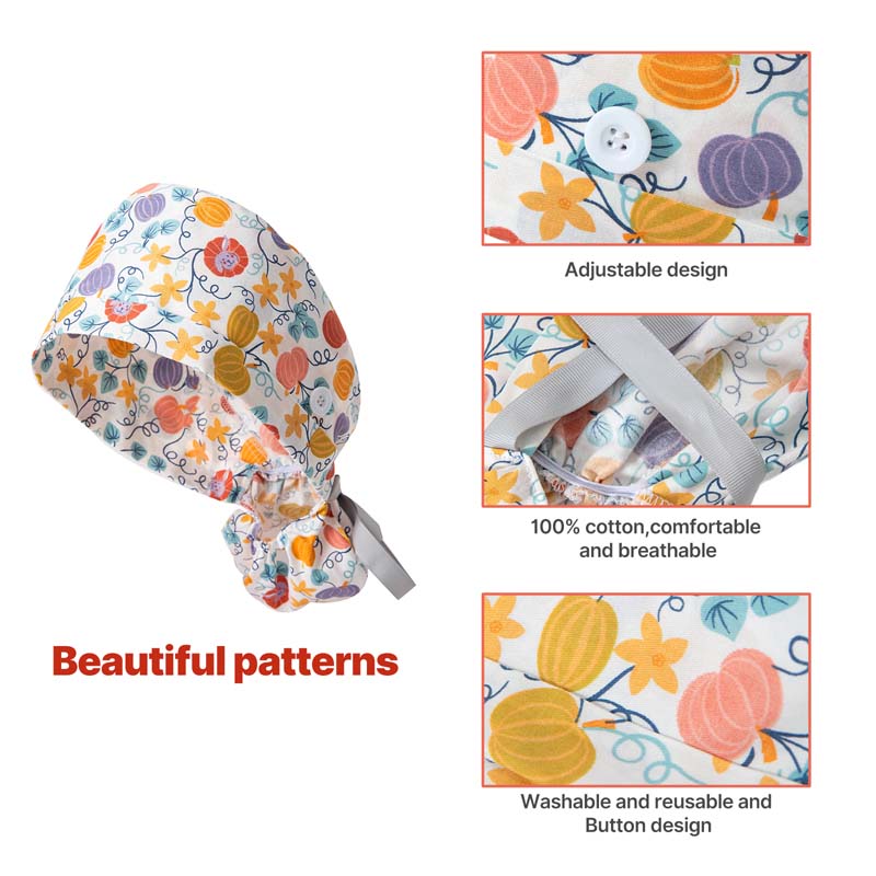 Ponytail Scrub Cap: Pumpkin - floral print, adjustable, 100% cotton (washable, reusable, button)