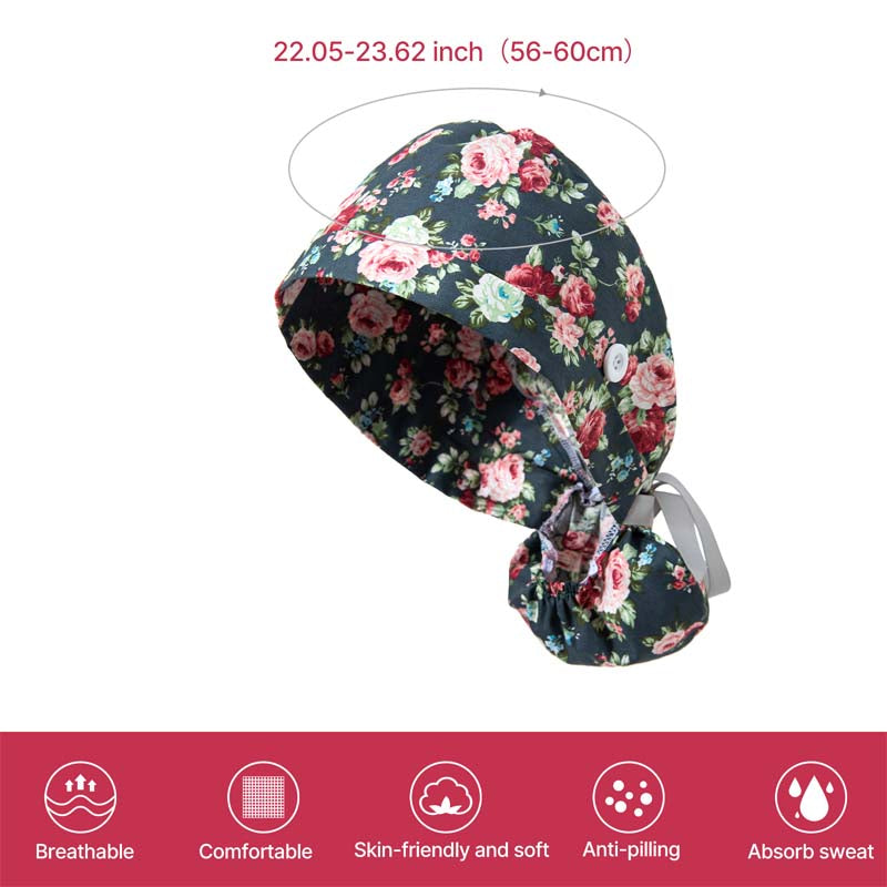 Floral - printed ponytail scrub cap, size 22.05 - 23.62 inch (56 - 60cm), breathable & comfortable